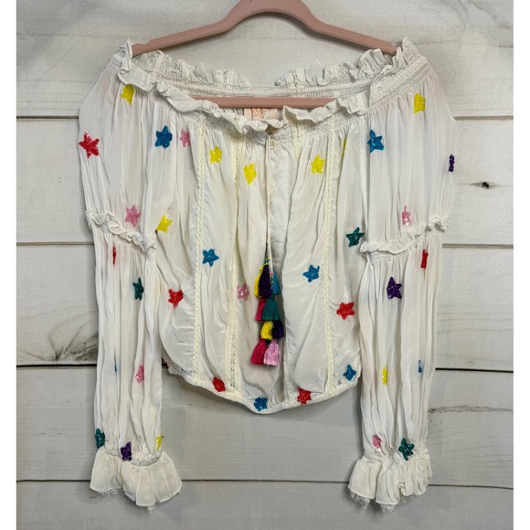 Rococo Sand Tops - Rococo Sand White Sequin Star Off Shoulder Blouse Tassel Boho Top Small